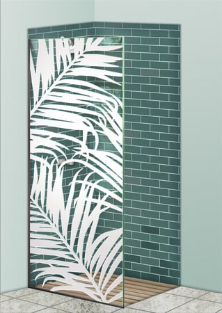 Shower Partition featuring a Frosted Glass Foliage Design Sandblast Etched Glass Fern Leaves Design by Sans Soucie