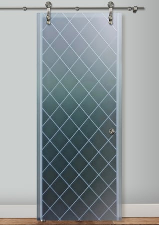 Glass Barn Door with a sandblast Frosted Glass Borders Design Custom-Designed Decorative Etched Glass