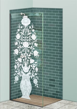Shower Partition with a sandblast Frosted Glass Floral Design Custom-Designed Decorative Etched Glass