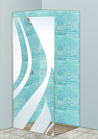 Shower Partition featuring a Frosted Glass Abstract Design Sandblast Etched Glass Flow Design by Sans Soucie