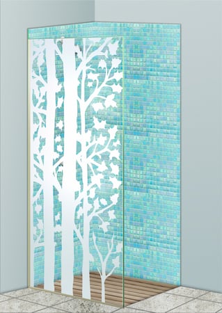 Shower Partition showcasing a Frosted Glass Trees Design with Sandblast Etched Glass Art by Sans Soucie Forest Trees Design