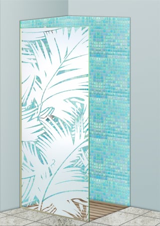Shower Partition featuring a Frosted Glass Tropical Design Sandblast Etched Glass Fronds Design by Sans Soucie