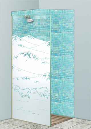 Shower Partition featuring a Frosted Glass Western Design Sandblast Etched Glass Galloping in the Vistas Design by Sans Soucie