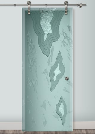 Glass Barn Door showcasing a Frosted Glass Abstract Design with Sandblast Etched Glass Art by Sans Soucie Glacier Design