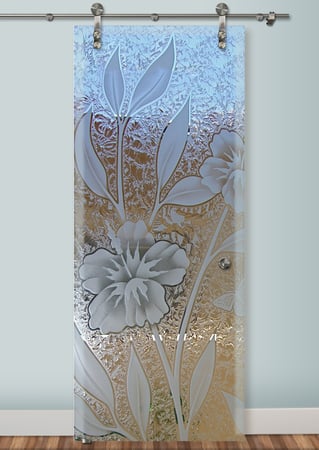 Glass Barn Door with Frosted Glass Tropical Hibiscus II Design by Sans Soucie