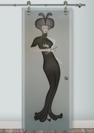 Glass Barn Door showcasing a Frosted Glass Art Deco Design with Sandblast Etched Glass Art by Sans Soucie Hillis Furs Puff Design