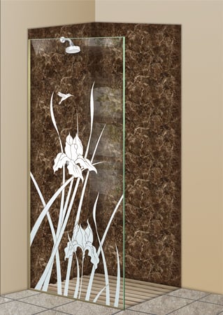 Shower Partition featuring a Frosted Glass Floral Design Sandblast Etched Glass Iris Hummingbird Design by Sans Soucie