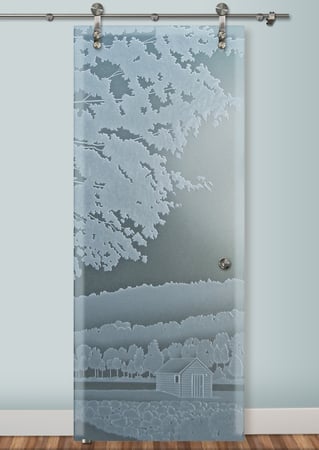 Glass Barn Door with Frosted Glass Landscapes Log Cabin Design by Sans Soucie