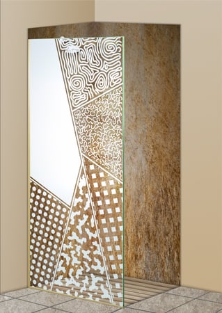 Shower Partition showcasing a Frosted Glass Geometric Design with Sandblast Etched Glass Art by Sans Soucie Matrix Angles Design
