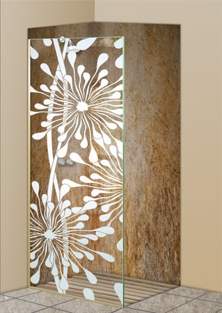Shower Partition featuring a Frosted Glass Geometric Design Sandblast Etched Glass Maypop Design by Sans Soucie