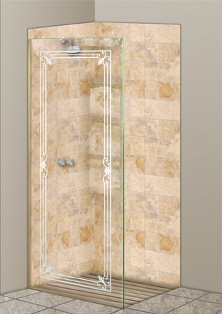 Shower Partition with a Frosted Glass Miranda Wrought Iron Design for Semi-Private by Sans Soucie Art Glass