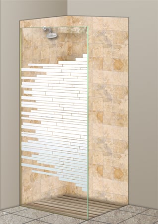 Shower Partition featuring Frosted Glass Design Etched Glass by Sans Soucie Art Glass with Custom Geometric Design Mosaics Horizontal