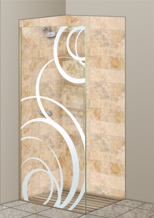 Shower Partition featuring Frosted Glass Design Etched Glass by Sans Soucie Art Glass with Custom Geometric Design Motion