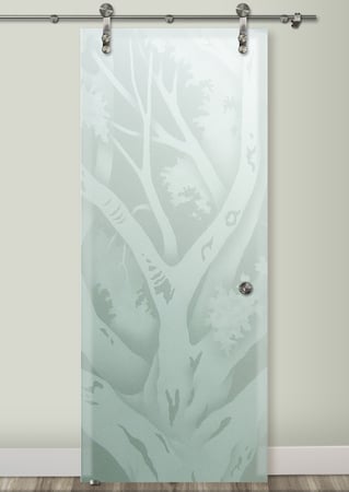 Glass Barn Door with a sandblast Frosted Glass Trees Design Custom-Designed Decorative Etched Glass