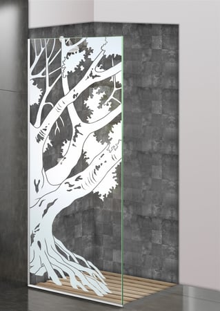 Shower Partition showcasing a Frosted Glass Trees Design with Sandblast Etched Glass Art by Sans Soucie Oak Tree II Design