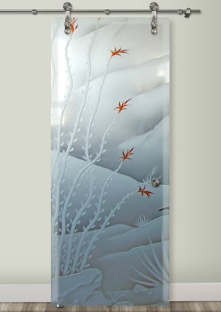 Glass Barn Door with sandblast Frosted Glass Design Art Glass Featuring Sandblast Etched Glass by Sans Soucie