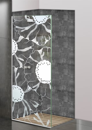 Shower Partition with a Frosted Glass OKeefe Floral Design for Semi-Private by Sans Soucie Art Glass