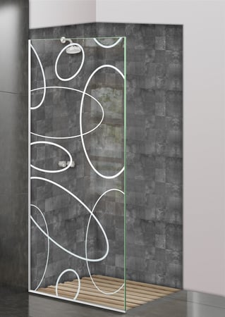 Shower Partition featuring Frosted Glass Design Etched Glass by Sans Soucie Art Glass with Custom Geometric Design Ovals Overlap