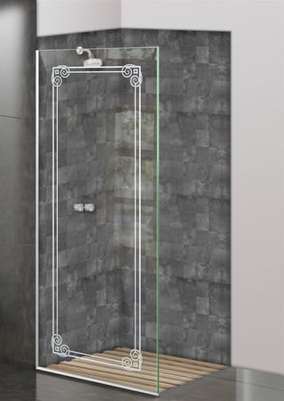 Shower Partition featuring a Frosted Glass Borders Design Sandblast Etched Glass Parisian Border Design by Sans Soucie