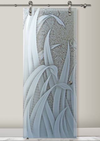 Glass Barn Door featuring Frosted Glass Design Etched Glass by Sans Soucie Art Glass with Custom Foliage Design Reeds