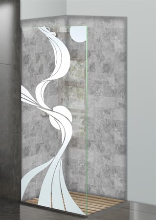 Shower Partition featuring a Frosted Glass Geometric Design Sandblast Etched Glass Ribbon Reflection Moons Design by Sans Soucie