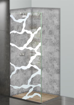Shower Partition featuring a Frosted Glass Abstract Design Sandblast Etched Glass Rivulet Design by Sans Soucie