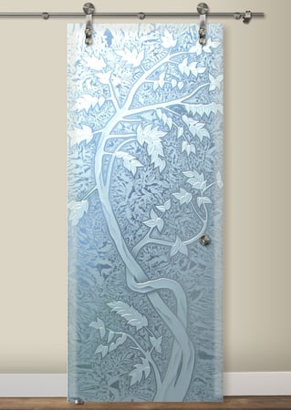 Glass Barn Door with a sandblast Frosted Glass Asian Design Custom-Designed Decorative Etched Glass
