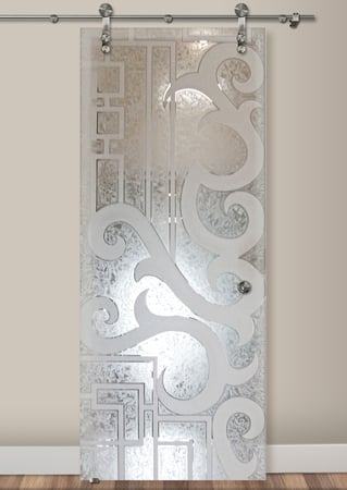 Glass Barn Door showcasing a Frosted Glass Geometric Design with Sandblast Etched Glass Art by Sans Soucie Seville Geo Design