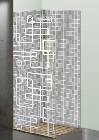 Shower Partition showcasing a Frosted Glass Geometric Design with Sandblast Etched Glass Art by Sans Soucie Soft Squares Design