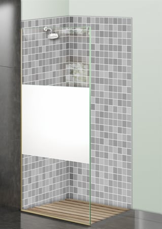 Shower Partition showcasing a Frosted Glass Geometric Design with Sandblast Etched Glass Art by Sans Soucie Solid Band Design
