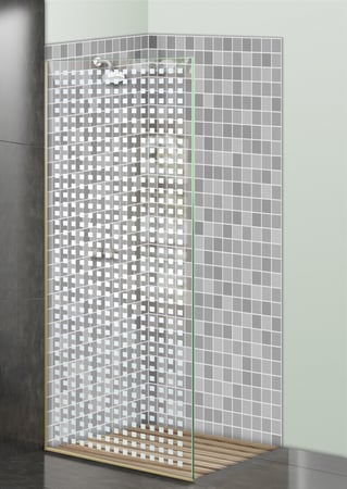 Shower Partition featuring Frosted Glass Design Etched Glass by Sans Soucie Art Glass with Custom Geometric Design Squares