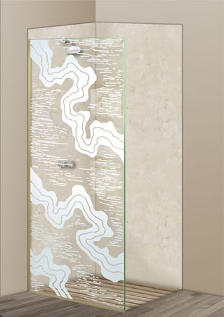 Shower Partition with a Frosted Glass Streams Abstract Design for Semi-Private by Sans Soucie Art Glass