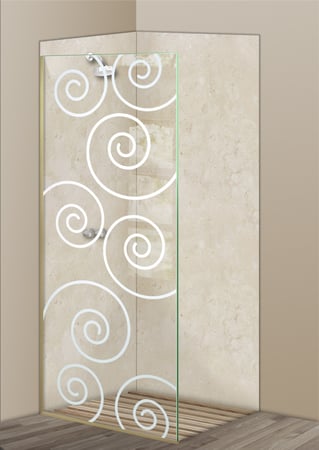 Shower Partition with a Frosted Glass Swirls Geometric Design for Semi-Private by Sans Soucie Art Glass