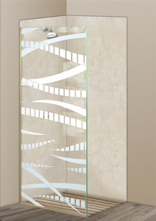 Shower Partition with a Frosted Glass Trails Abstract Design for Semi-Private by Sans Soucie Art Glass