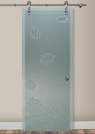 Glass Barn Door showcasing a Frosted Glass Oceanic Design with Sandblast Etched Glass Art by Sans Soucie Tropical Fish Design