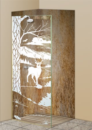 Shower Partition with Frosted Glass Wildlife Wandering White Tail Design by Sans Soucie
