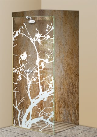 Shower Partition with Frosted Glass Asian Wild Cherry Design by Sans Soucie