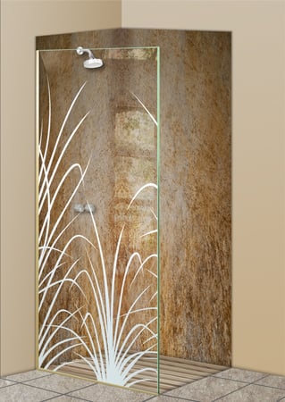 Shower Partition with Frosted Glass Foliage Wispy Reeds Design by Sans Soucie