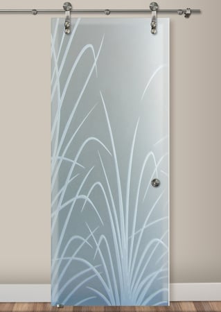 Glass Barn Door with Frosted Glass Foliage Wispy Reeds Design by Sans Soucie