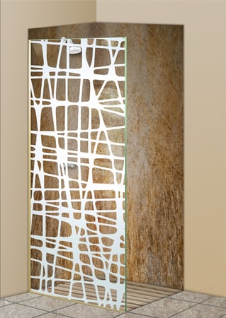 Shower Partition featuring Frosted Glass Design Etched Glass by Sans Soucie Art Glass with Custom Geometric Design Woven