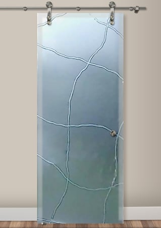 Glass Barn Door featuring Frosted Glass Design Etched Glass by Sans Soucie Art Glass with Custom Geometric Design Linean