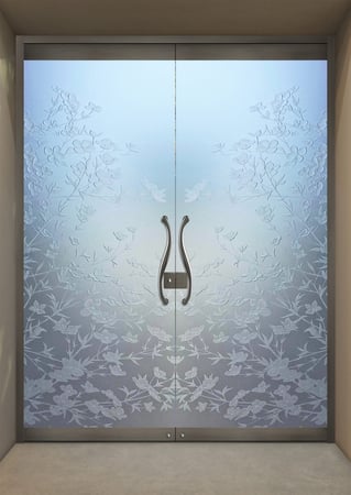 All Glass Front Door with a sandblast Frosted Glass Floral Design Custom-Designed Decorative Etched Glass