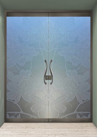 All Glass Front Door featuring a Frosted Glass Floral Design Sandblast Etched Glass Dogwood Design by Sans Soucie