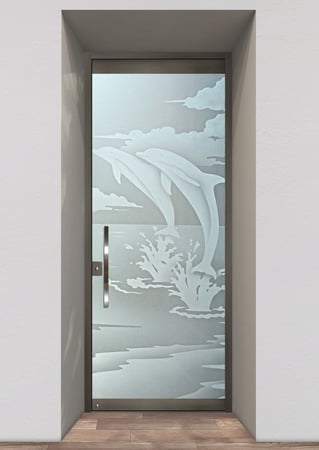 All Glass Front Door with a sandblast Frosted Glass Oceanic Design Custom-Designed Decorative Etched Glass