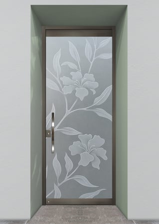 All Glass Front Door with a sandblast Frosted Glass Tropical Design Custom-Designed Decorative Etched Glass