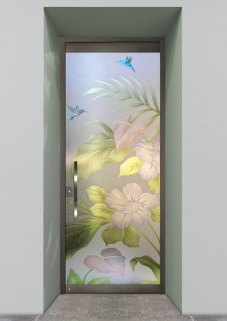 All Glass Front Door featuring a Frosted Glass Tropical Design Sandblast Etched Glass Hibiscus Anthurium Design by Sans Soucie