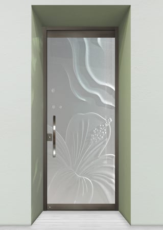 All Glass Front Door showcasing a Frosted Glass Tropical Design with Sandblast Etched Glass Art by Sans Soucie Hibiscus Ripples Design