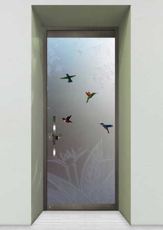 All Glass Front Door with a sandblast Frosted Glass Tropical Design Custom-Designed Decorative Etched Glass