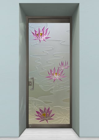 All Glass Front Door featuring a Frosted Glass Floral Design Sandblast Etched Glass Lily Pads & Lotus Design by Sans Soucie