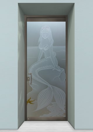 All Glass Front Door featuring Frosted Glass Design Etched Glass by Sans Soucie Art Glass with Custom Oceanic Design Mermaid Princess